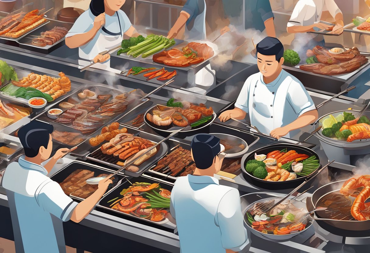 A colorful array of grilled meats, seafood, and vegetables spread out on a sizzling BBQ buffet in Singapore. Aromatic smoke rises from the hot grills, while diners eagerly line up to fill their plates