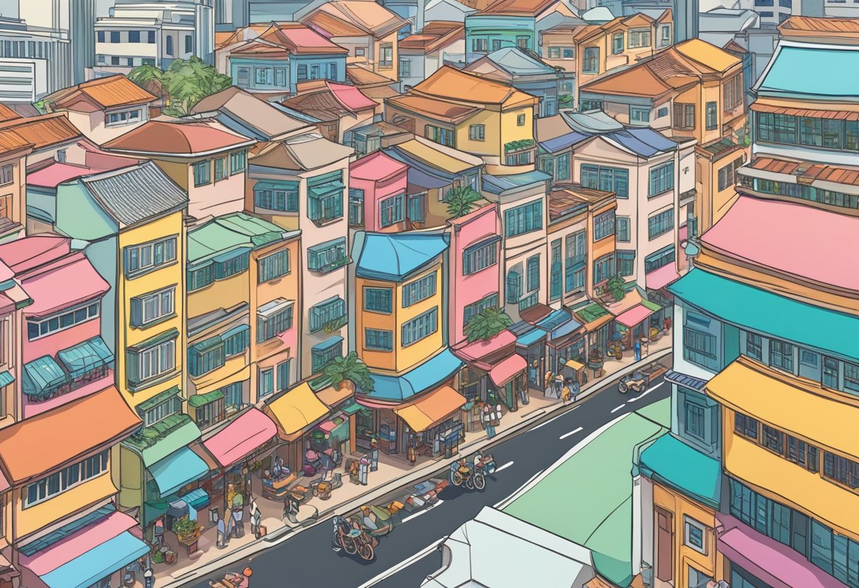 A bustling street in Singapore, lined with colorful shophouses and bustling with activity. The iconic Singapore skyline looms in the background, with the towering Marina Bay Sands and the stunning Singapore Flyer