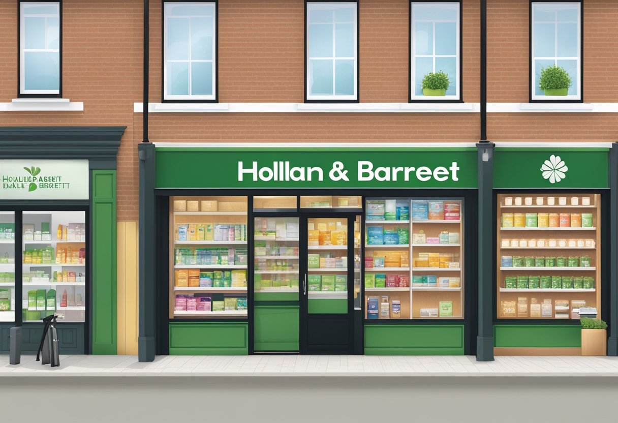 A bright and inviting storefront with the Holland and Barrett logo prominently displayed. Various health and wellness products are showcased in the window, with a sign advertising their services