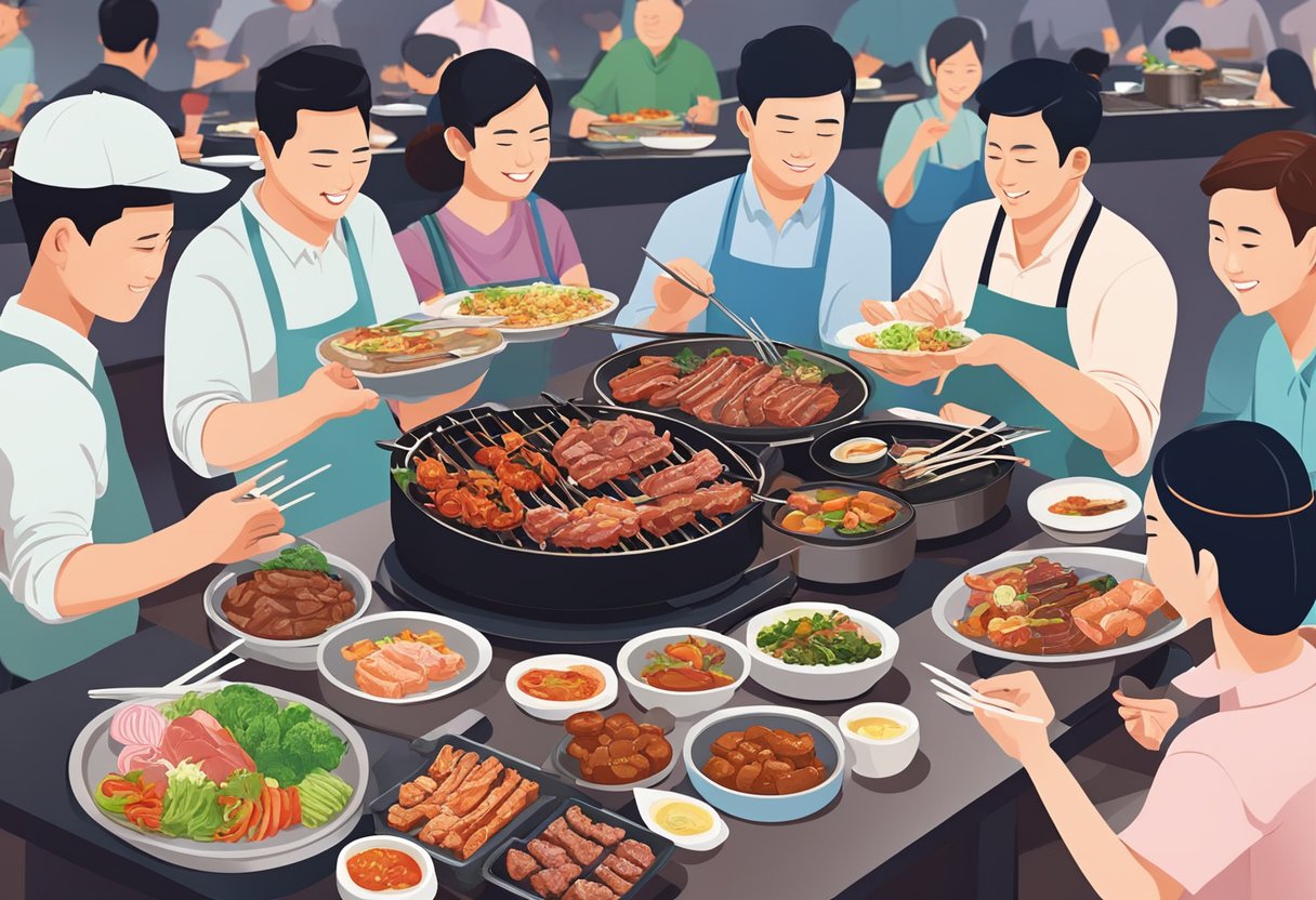 Diners enjoying a variety of sizzling Korean BBQ meats and side dishes at a bustling buffet restaurant in Singapore