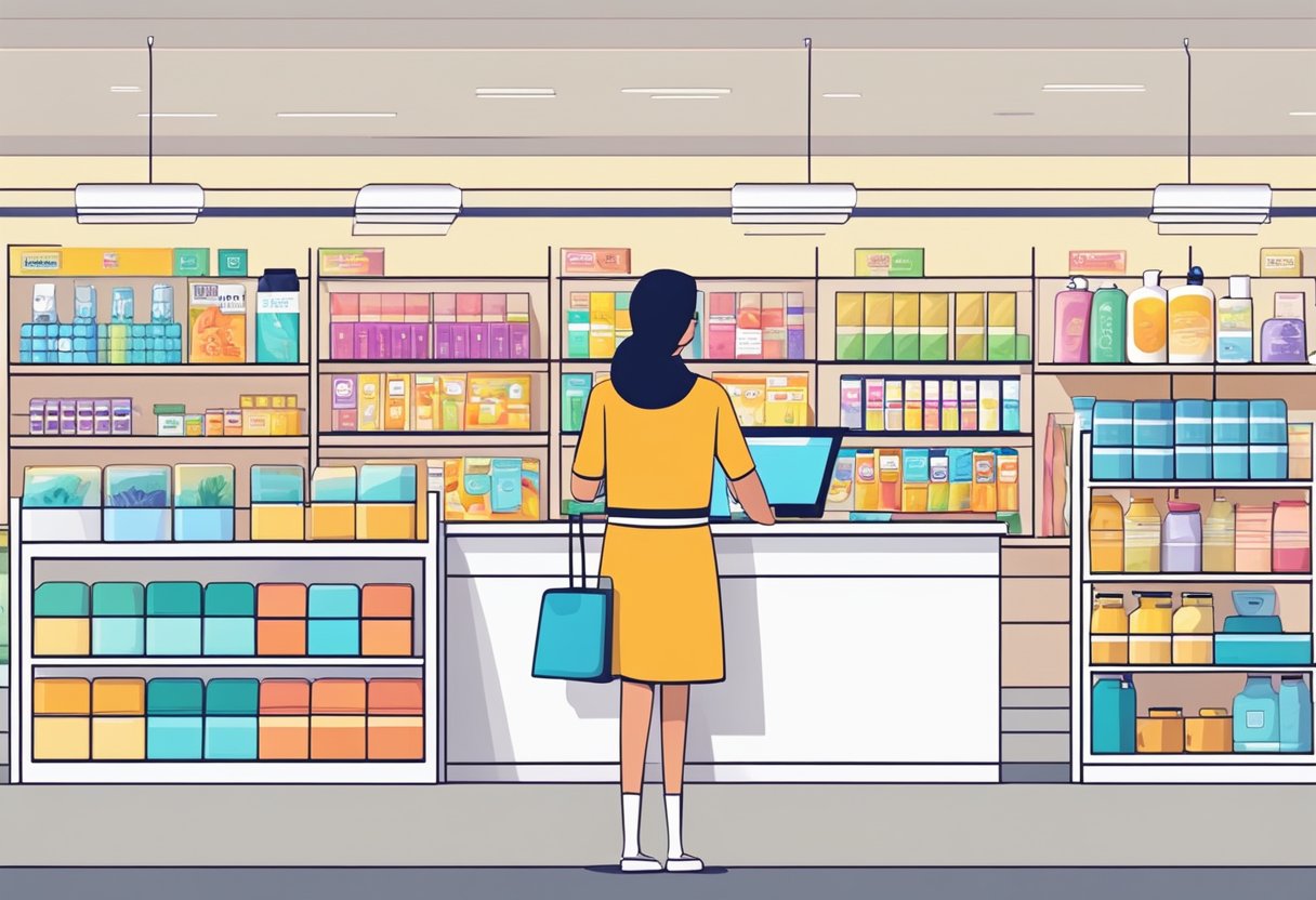 A bright, organized store with shelves of health products. A customer service desk with a friendly employee assisting a customer