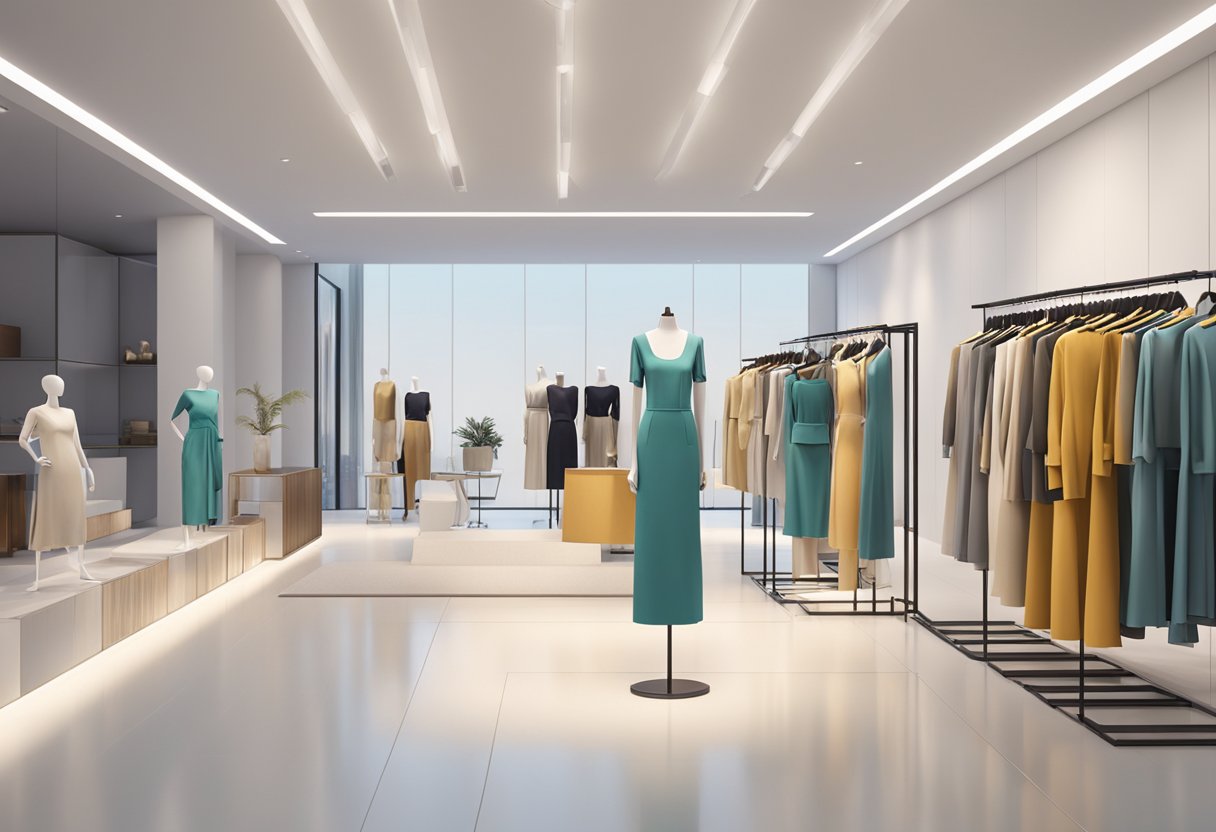 Mannequins showcase Fayth's Fashion Collection in a modern, minimalist store with sleek racks and luxurious decor