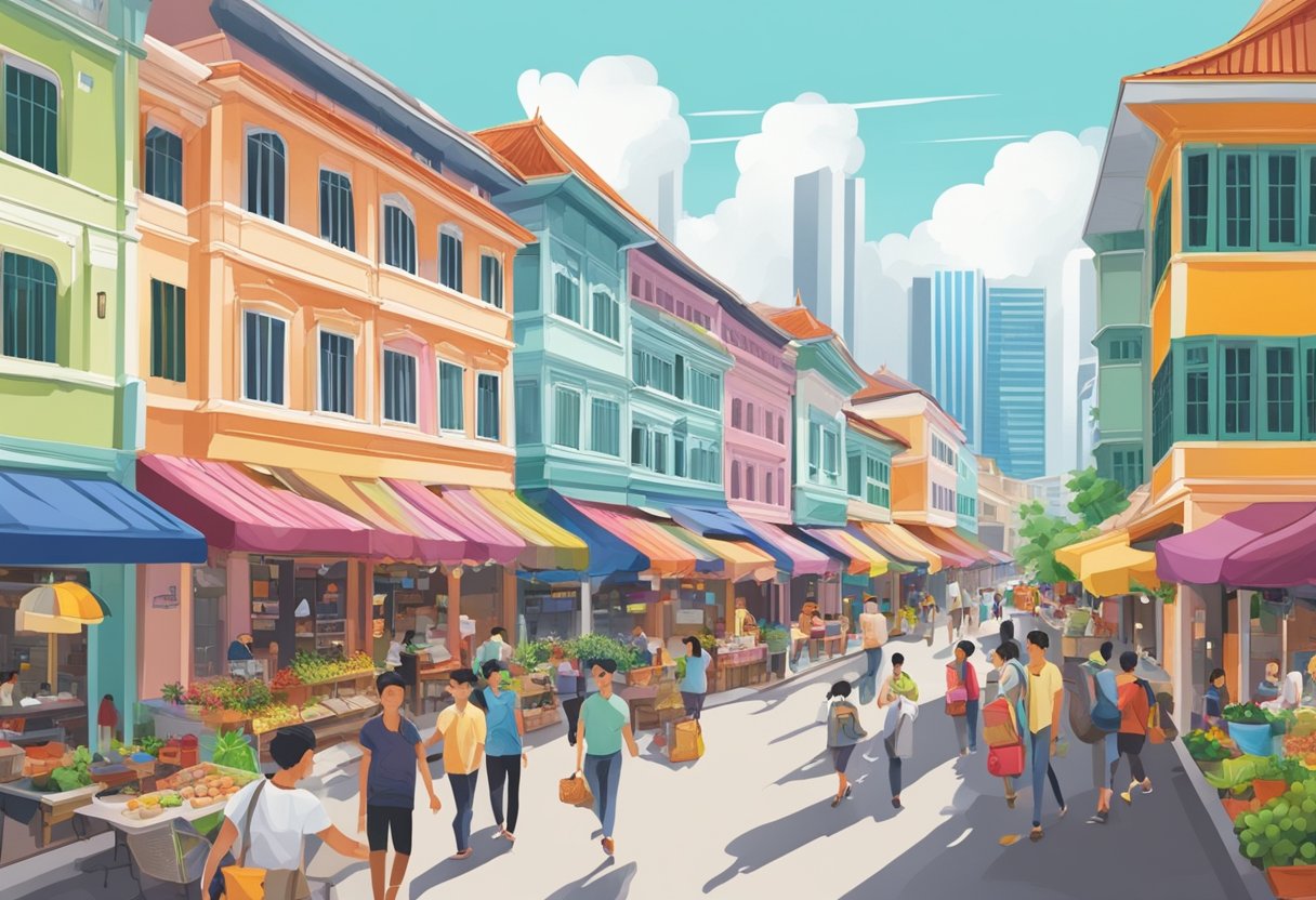 A bustling Singapore street with colorful buildings, bustling markets, and vibrant street life