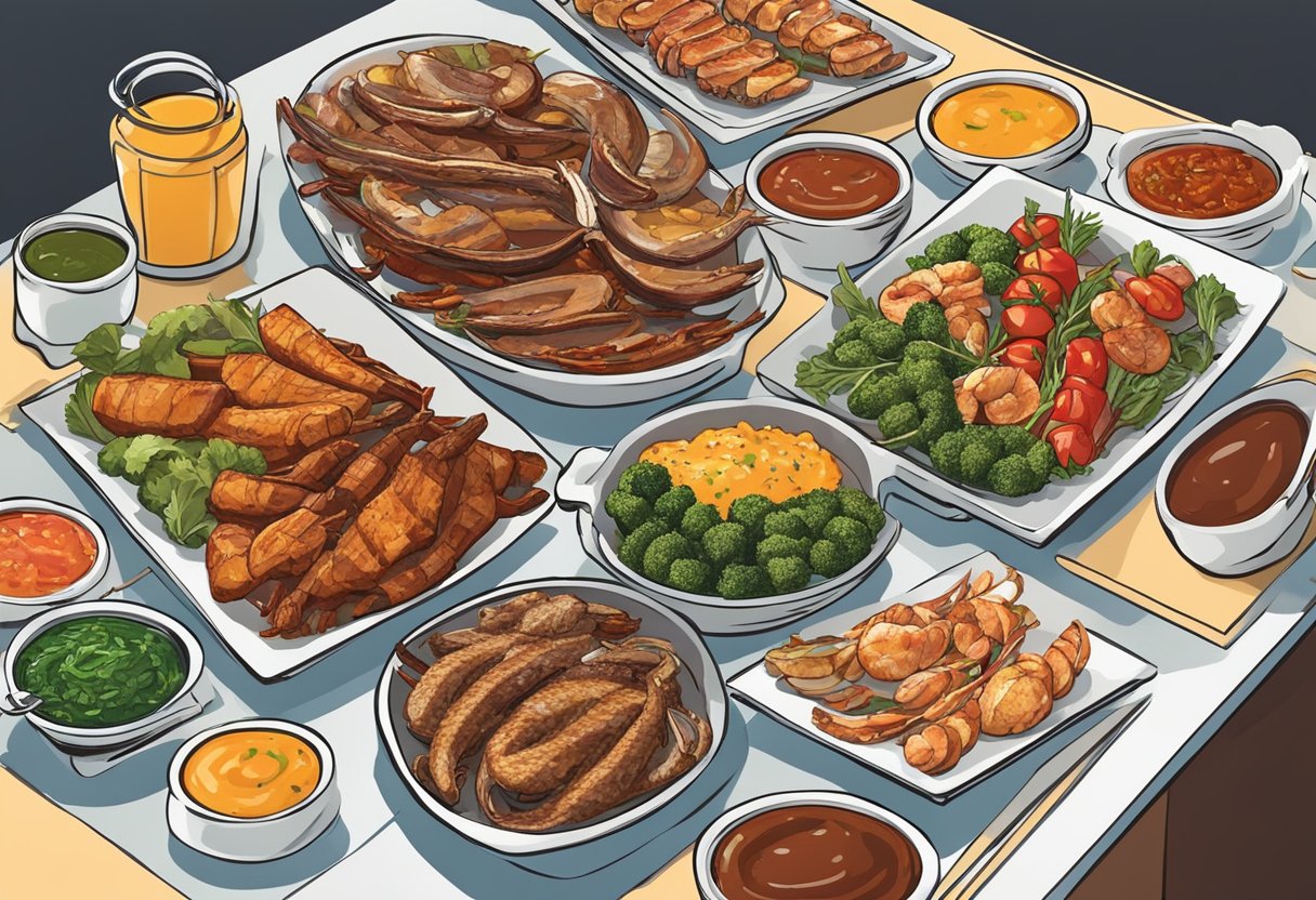 A colorful array of grilled meats, seafood, and vegetables, accompanied by an assortment of regional sauces and condiments, is spread out on a buffet table