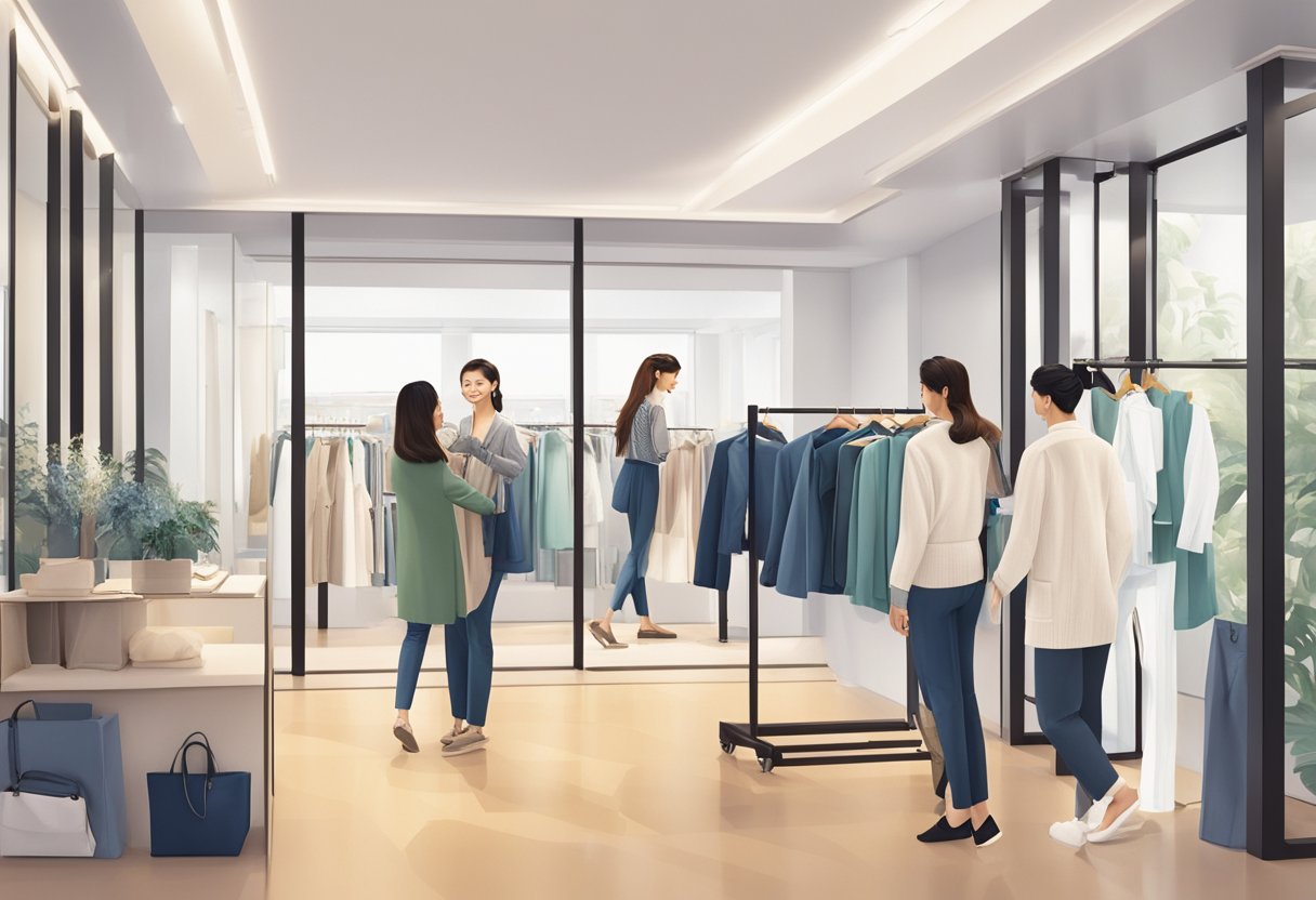 A customer at Fayth Singapore receives personalized assistance and tries on various clothing items in a well-lit, modern fitting room