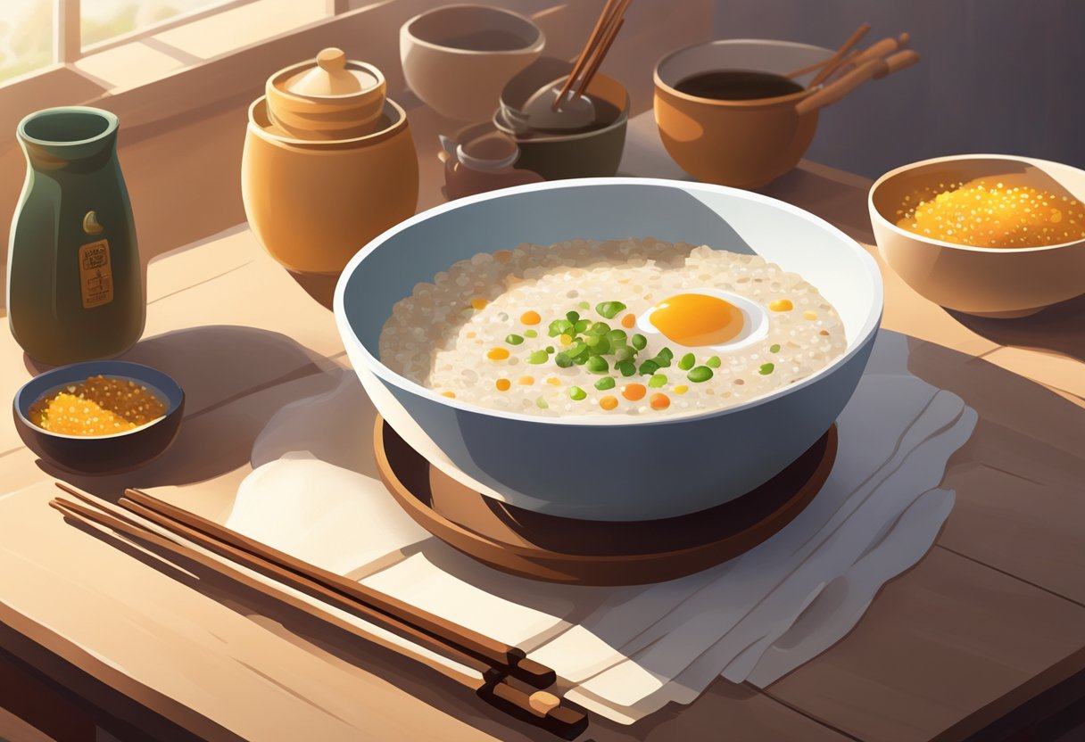 A steaming bowl of porridge sits on a wooden table, surrounded by small dishes of condiments and a pair of chopsticks. The room is filled with warm, soft light, creating a cozy and inviting atmosphere