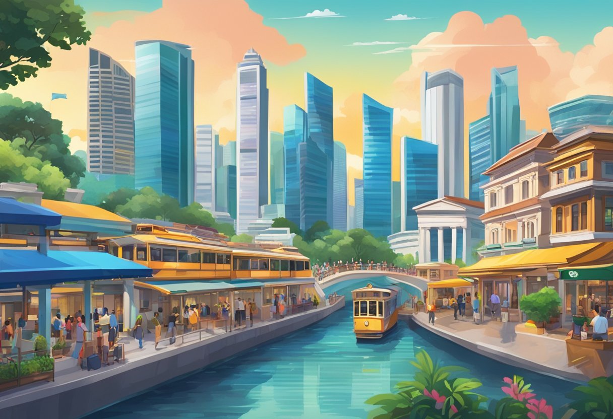 A bustling cityscape with iconic Singapore landmarks in the background, showcasing the vibrant energy of the setting for the Pathaan movie