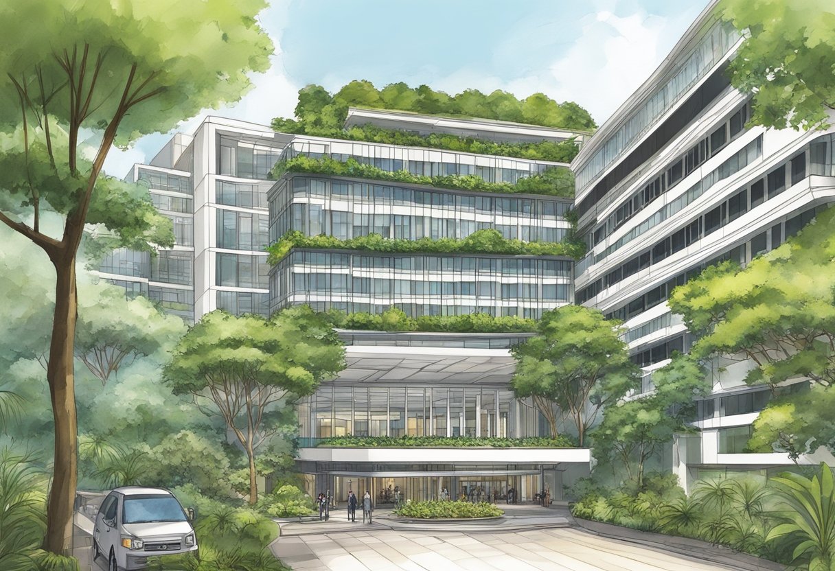 The Raintree Hotel in Singapore stands tall amidst lush greenery, with modern architecture and elegant design. The building is surrounded by vibrant gardens and a serene atmosphere