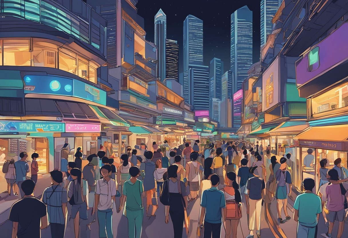 A bustling Singapore street at night, lit up by neon signs and bustling with people. Skyscrapers loom overhead, casting dramatic shadows