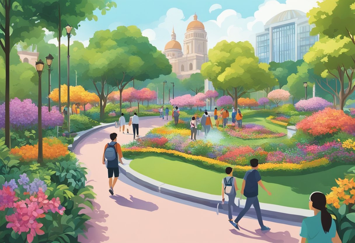 People walking through a lush park, with colorful flowers and trees. A map of Universal Studios Singapore is visible in the distance