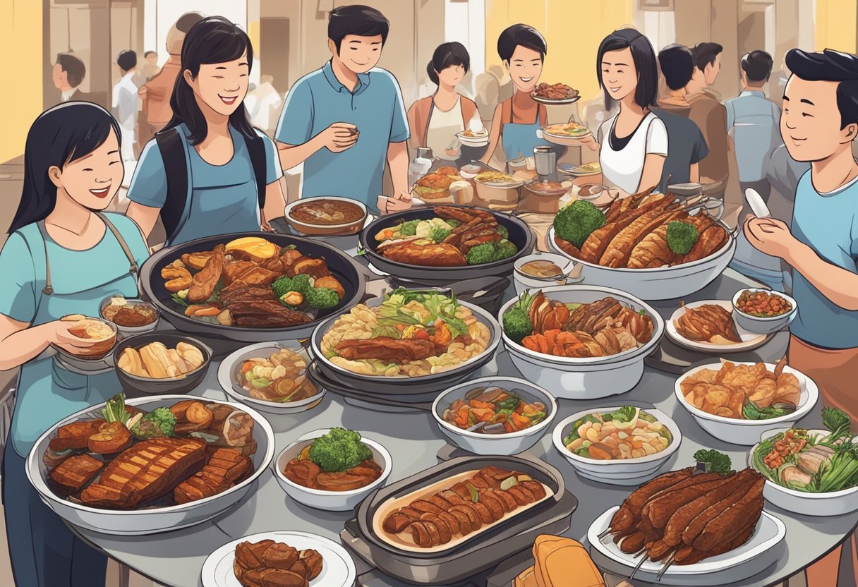 A table filled with various BBQ dishes, surrounded by eager customers with plates in hand, at a bustling buffet in Singapore