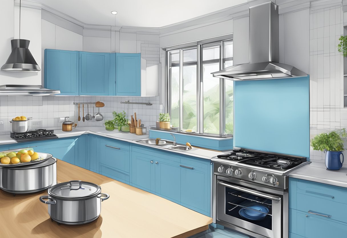 A blue gas stove sits in a modern Singapore kitchen, with stainless steel pots and pans on the burners