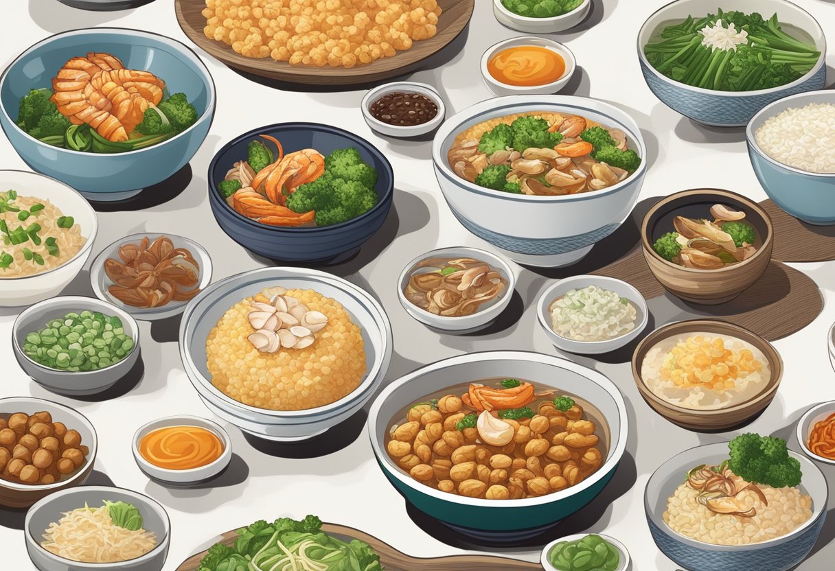 A table displays a variety of porridge bowls, including seafood, chicken, and vegetable options, with condiments like fried shallots and sliced green onions