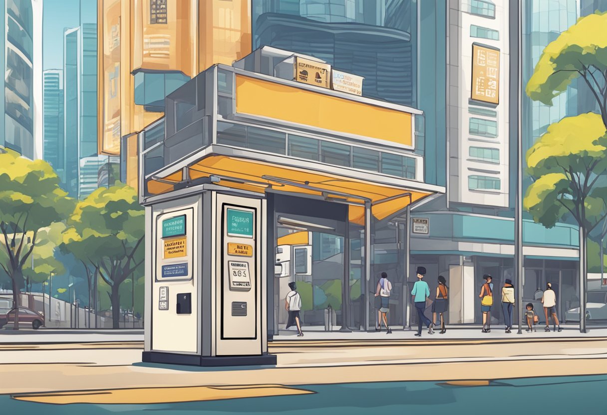 A movie ticket kiosk with a "Frequently Asked Questions" sign, set against the backdrop of a bustling Singapore street