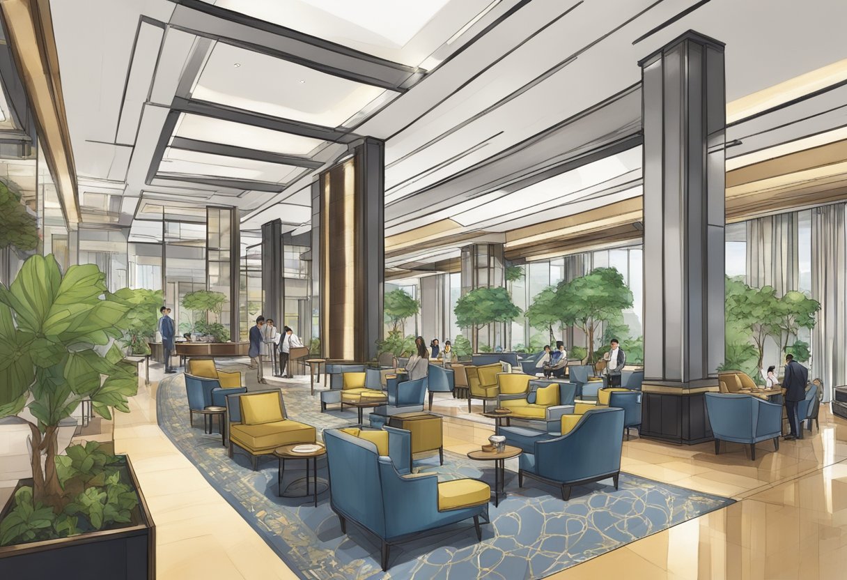 The Raintree Hotel in Singapore is bustling with guests, while staff members attend to their needs. The lobby is adorned with modern decor and a welcoming atmosphere