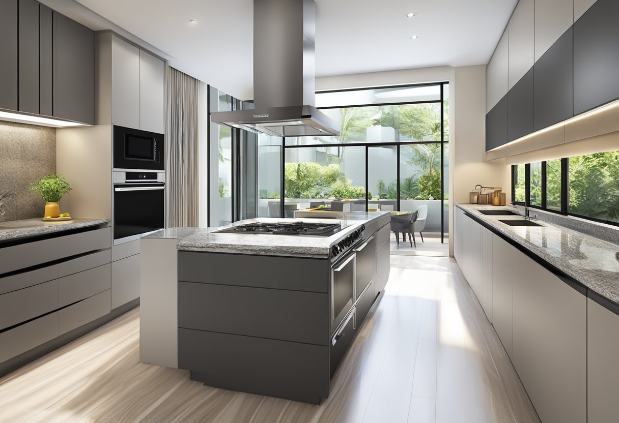 A modern gas stove sits atop a sleek, granite countertop in a contemporary Singapore kitchen, with stainless steel appliances and ample natural light streaming in from large windows