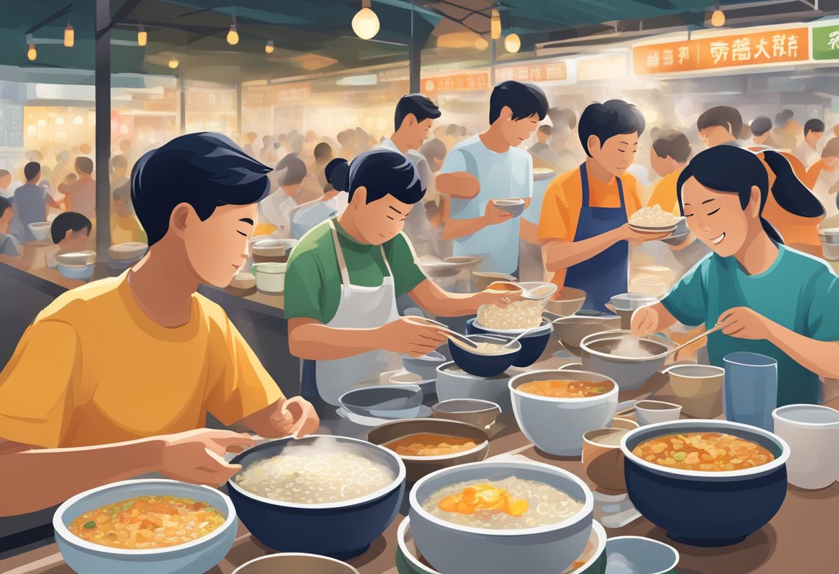 Customers enjoying a variety of porridge dishes at bustling hawker centers in Singapore. Steam rising from bowls, vendors serving up piping hot bowls of comforting porridge