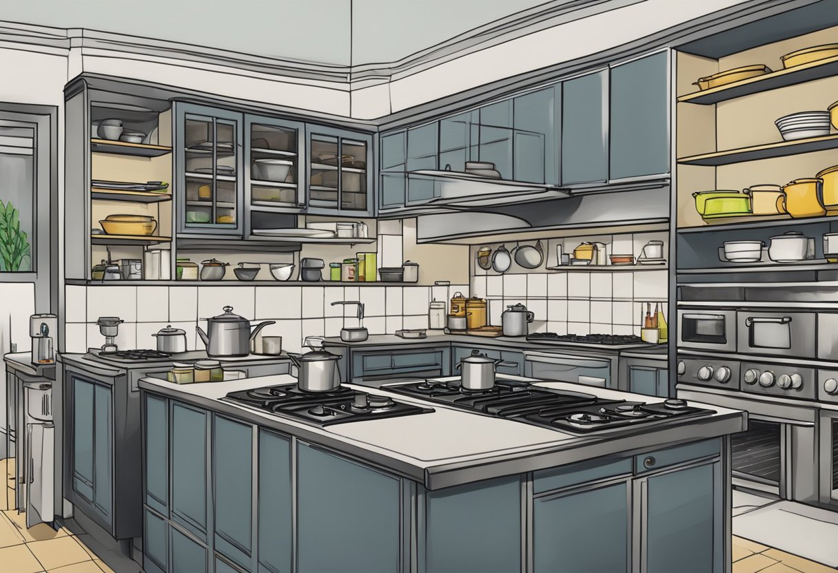 A kitchen scene in Singapore with various gas stove brands displayed on shelves, and price tags indicating different budget options