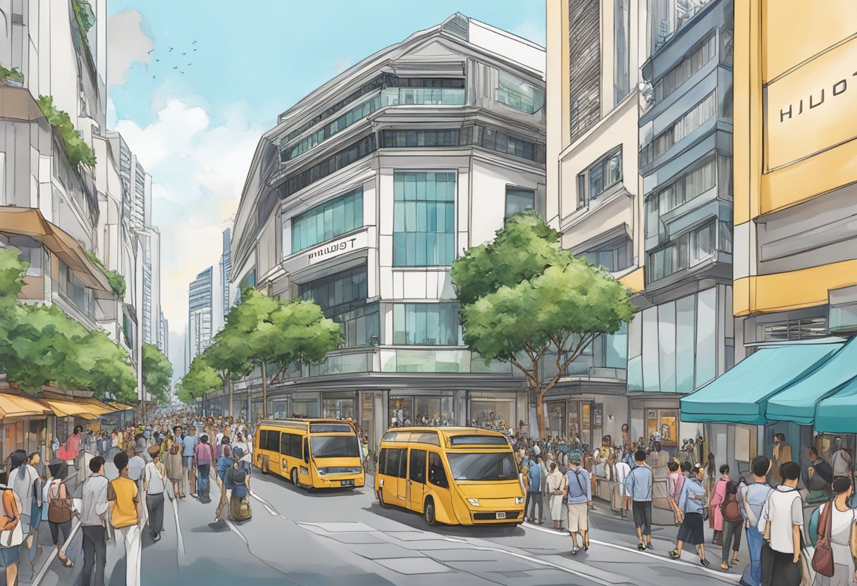 A bustling city street in Singapore, with a prominent Hublot store front and a crowd of people passing by