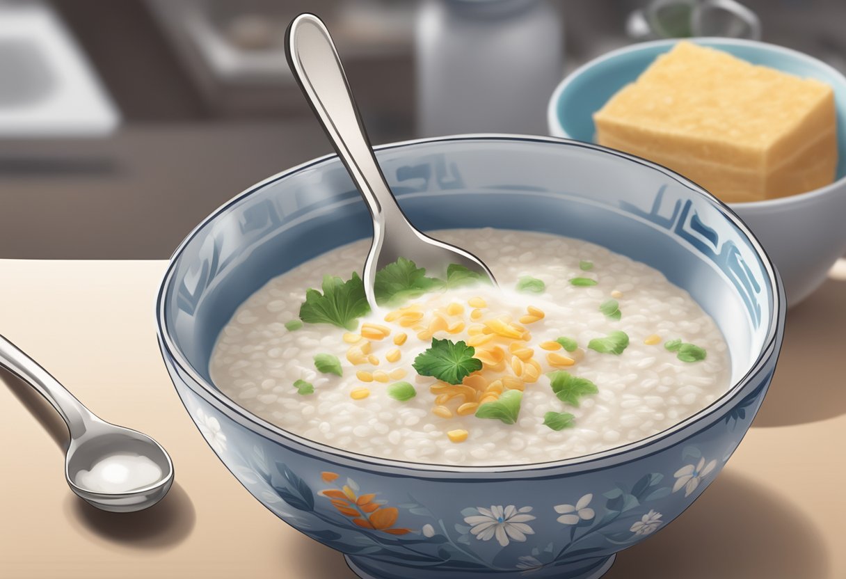 A steaming bowl of porridge with a spoon beside it, a sign reading "Frequently Asked Questions porridge singapore" in the background