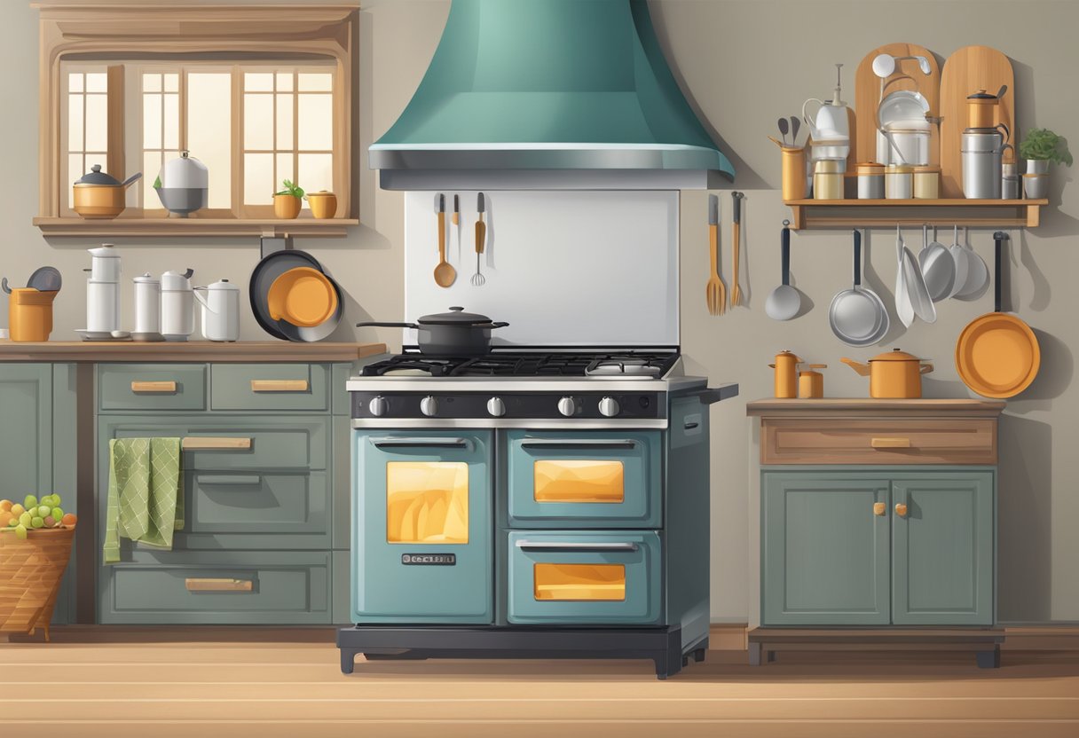 A gas stove with FAQ signage, surrounded by kitchen utensils and a pot
