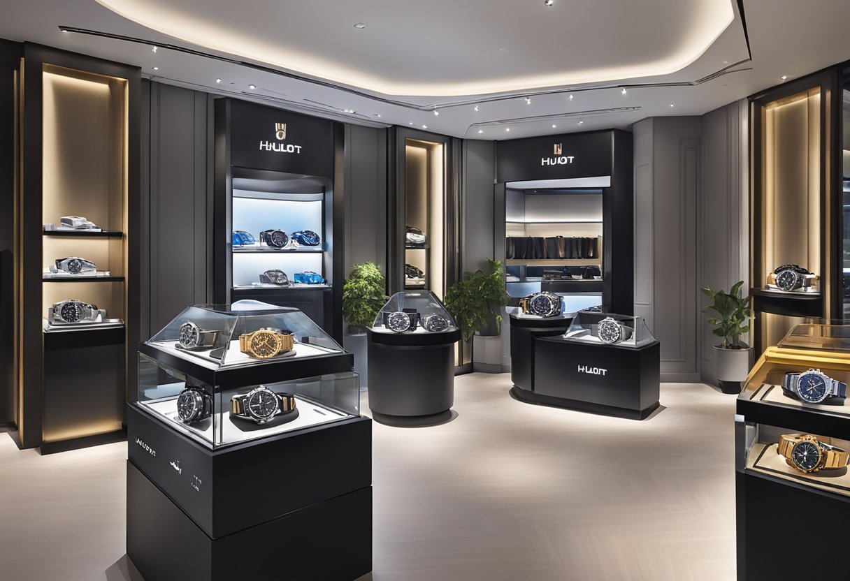 A gleaming display of Hublot timepieces in a modern Singapore showroom