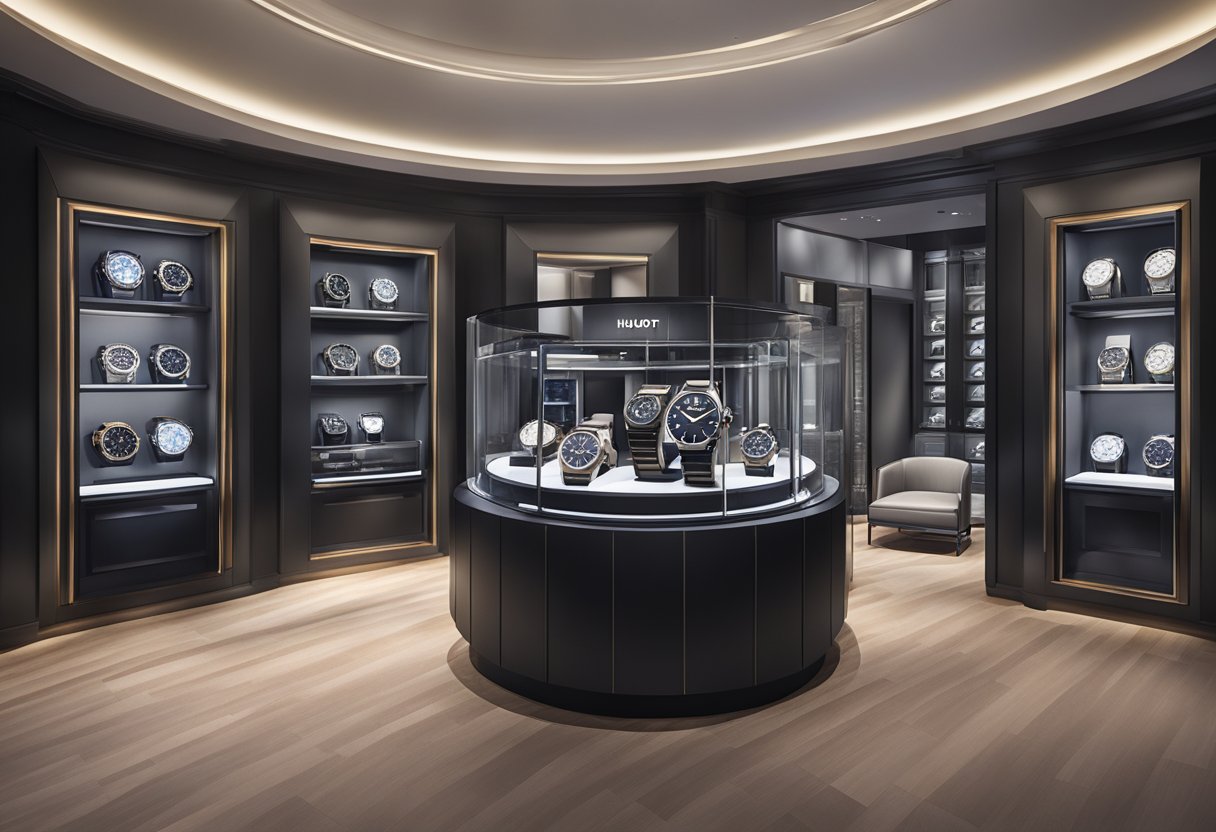 A luxurious watch display at Hublot Experience, featuring sleek designs and elegant timepieces