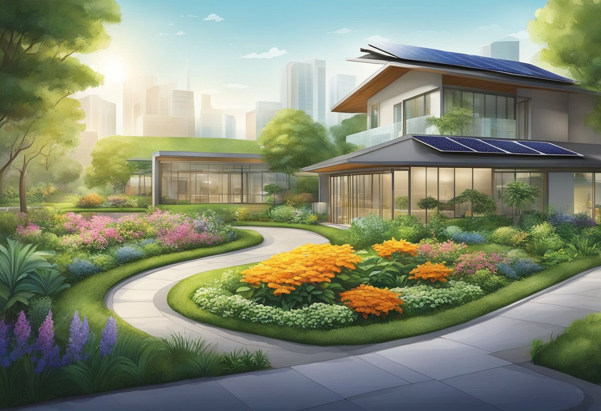A lush green garden with vibrant flowers and a solar panel, symbolizing talent and sustainability at GSK Singapore