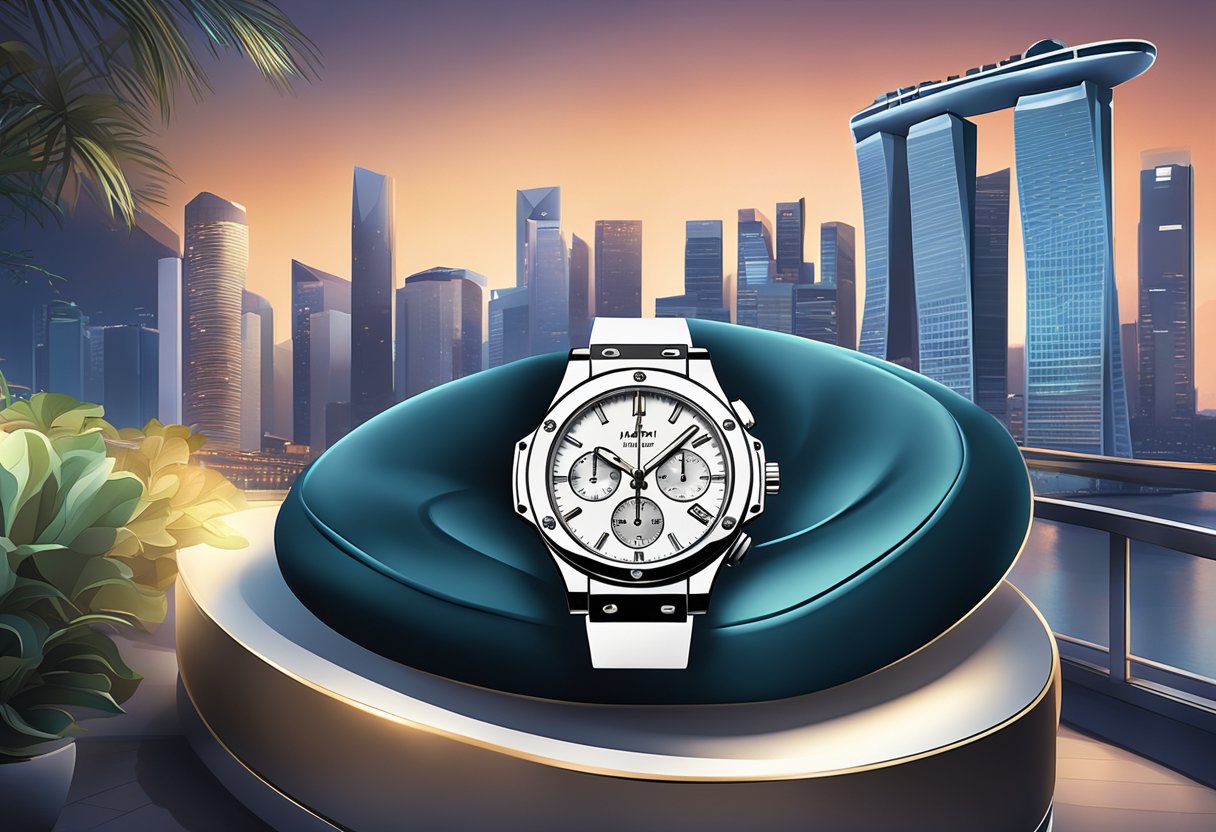 A sleek Hublot watch displayed on a luxurious velvet cushion, surrounded by elegant branding and a backdrop of the Singapore skyline