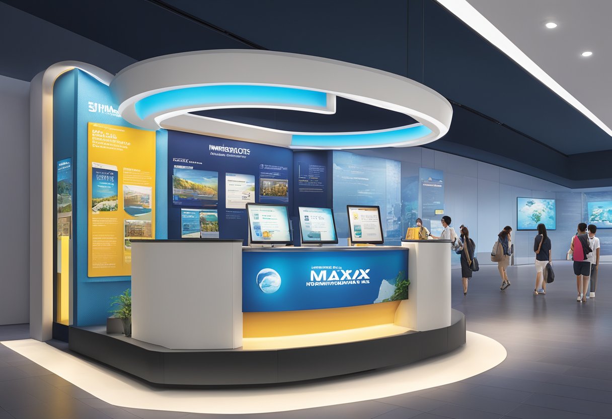 The visitor information booth at IMAX Singapore in JCube is brightly lit and prominently positioned, with informational brochures neatly displayed