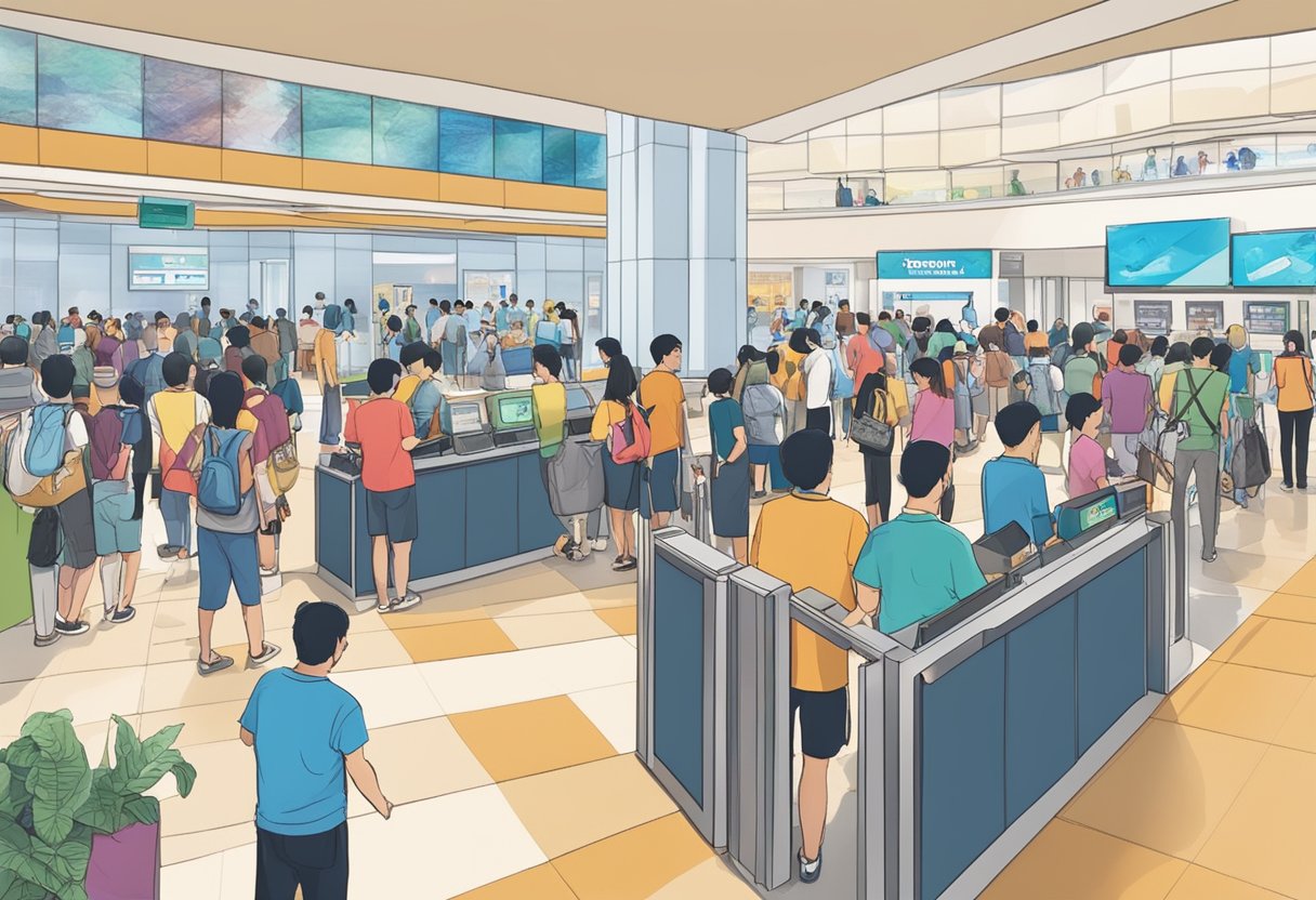 A bustling lobby at IMAX Singapore in JCube, with people lining up at the ticket counter and others browsing the FAQ section