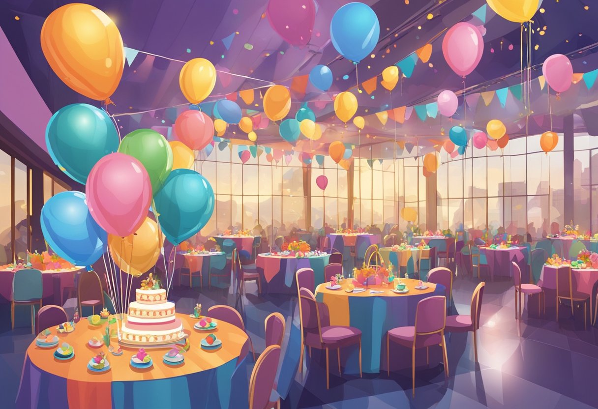 Colorful balloons, streamers, and a large cake decorate a spacious party venue in Singapore. Tables are set with party favors and a lively atmosphere fills the room