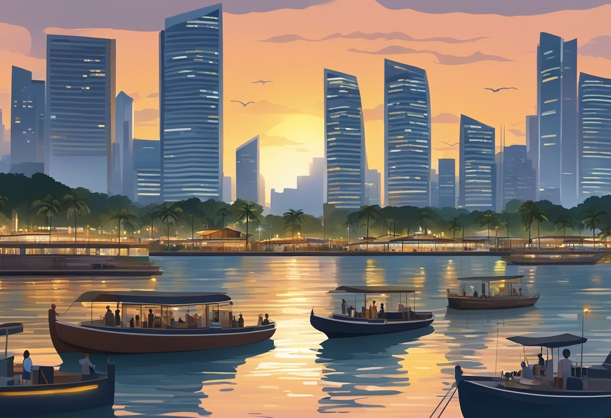 The sun sets over the bustling Harbourfront in Singapore. Boats glide through the calm waters as the city skyline looms in the background