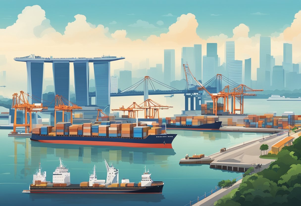 Ships docked at Singapore's bustling harbourfront, with cranes and cargo containers lining the waterfront. A network of roads and bridges provide easy accessibility for transportation