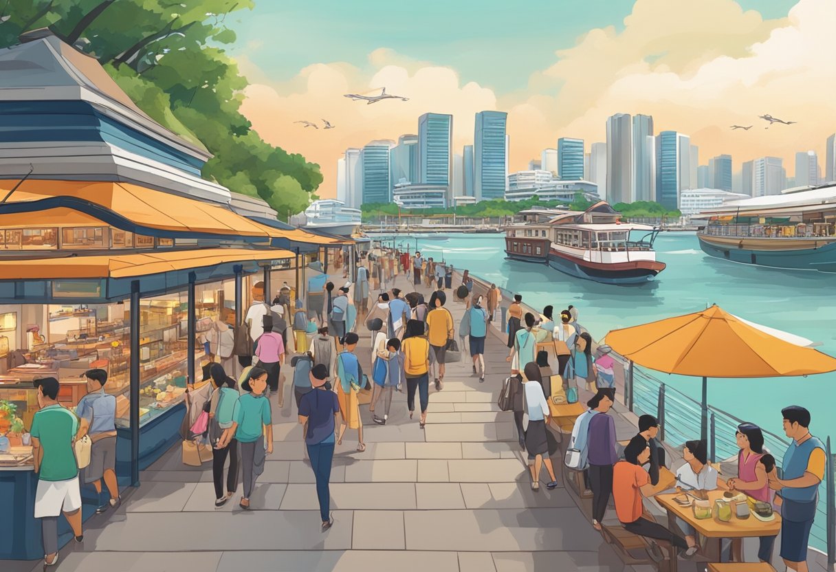 A bustling harbourfront in Singapore with a line of shops and restaurants, people walking along the waterfront, and boats docked in the marina