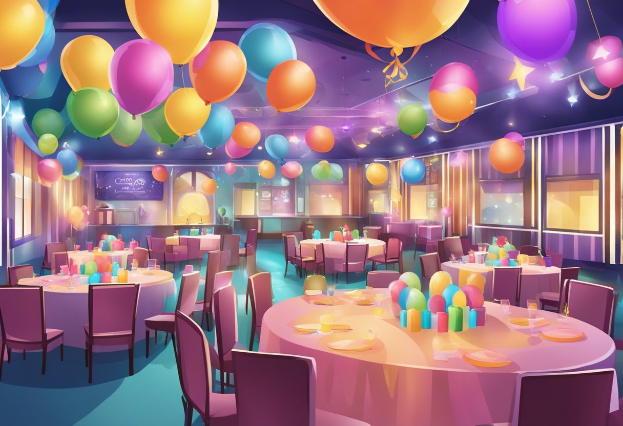 A vibrant birthday party venue in Singapore with colorful decorations, a stage for performances, and various entertainment and amenities for guests to enjoy