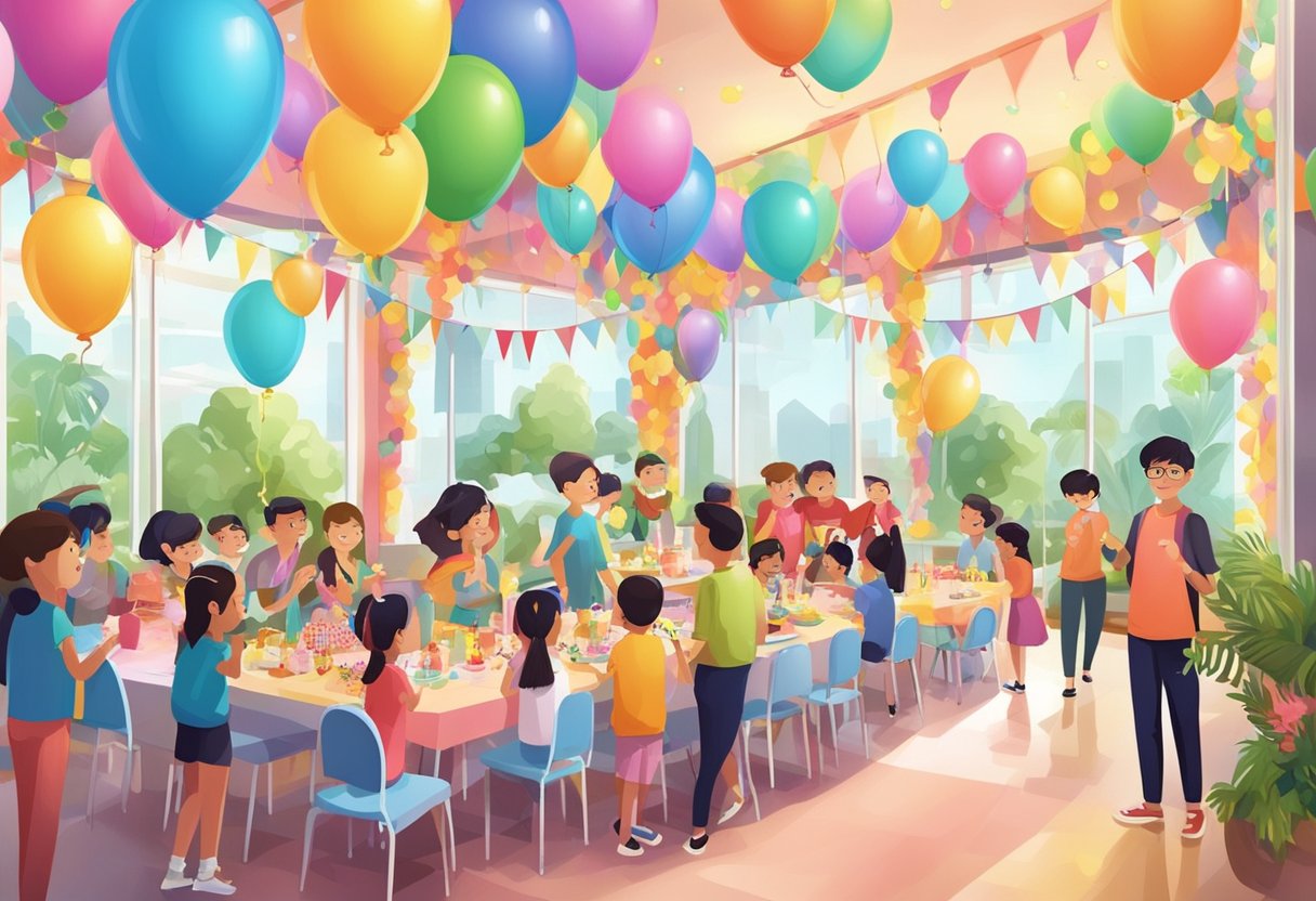 A lively birthday party venue in Singapore with colorful decorations, festive balloons, and a variety of entertainment options for kids and adults