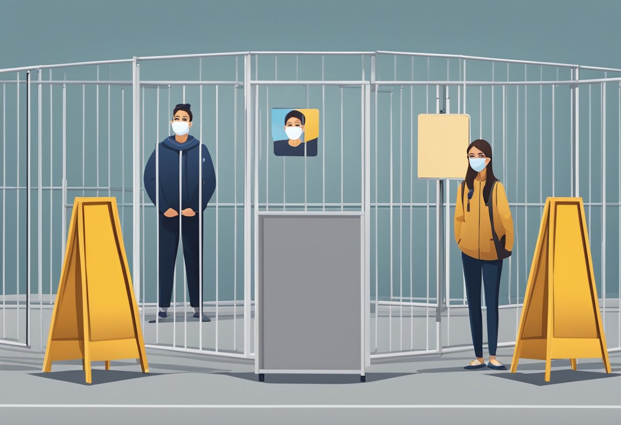 A person in a mask stands behind a barrier, while others keep their distance. Signs display isolation order guidelines