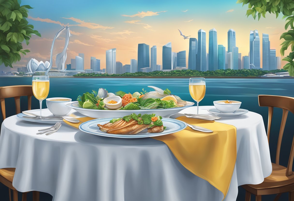 A table set with exquisite dishes, overlooking the stunning city skyline of Singapore. A humpback whale gracefully breaches in the background