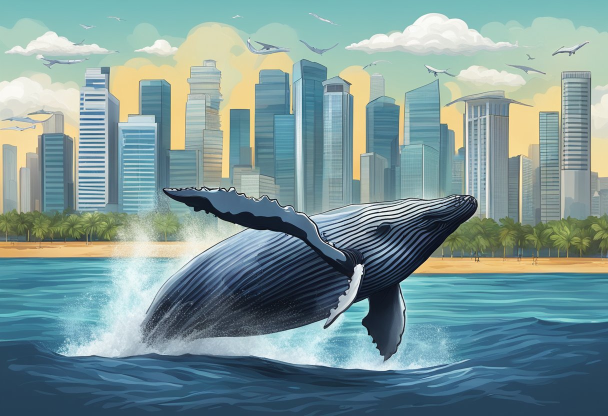 Humpback whale breaching near Singapore skyline