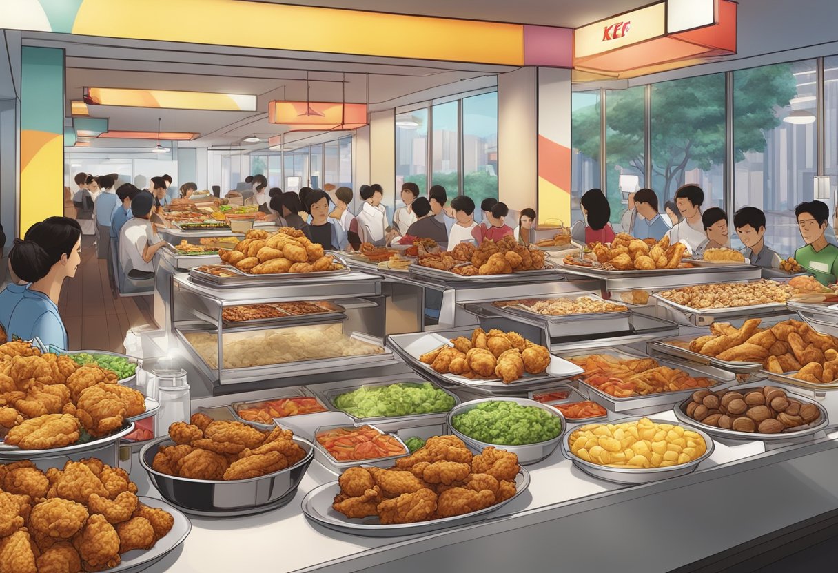 A crowded KFC buffet in Singapore, with a colorful spread of fried chicken, sides, and desserts on display