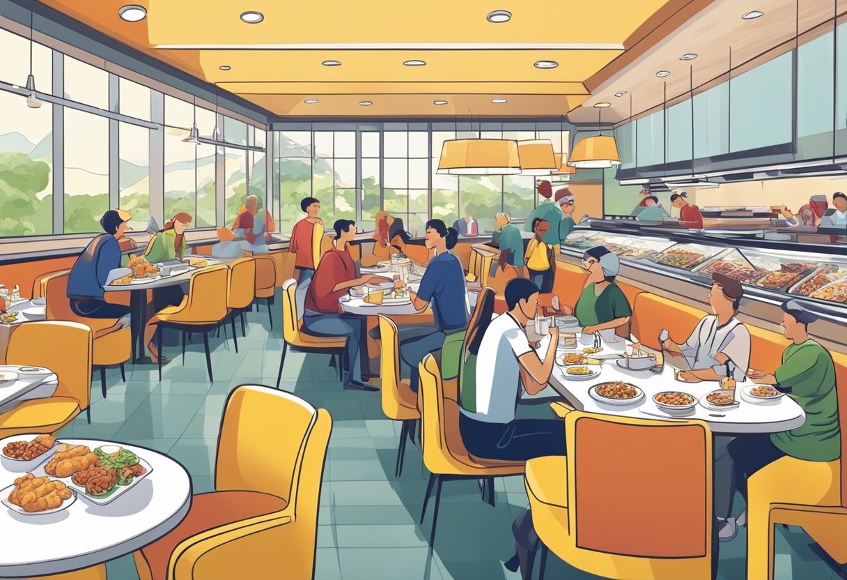 Customers enjoying a variety of KFC dishes at the buffet counter. Tables filled with satisfied diners. Bright and inviting atmosphere