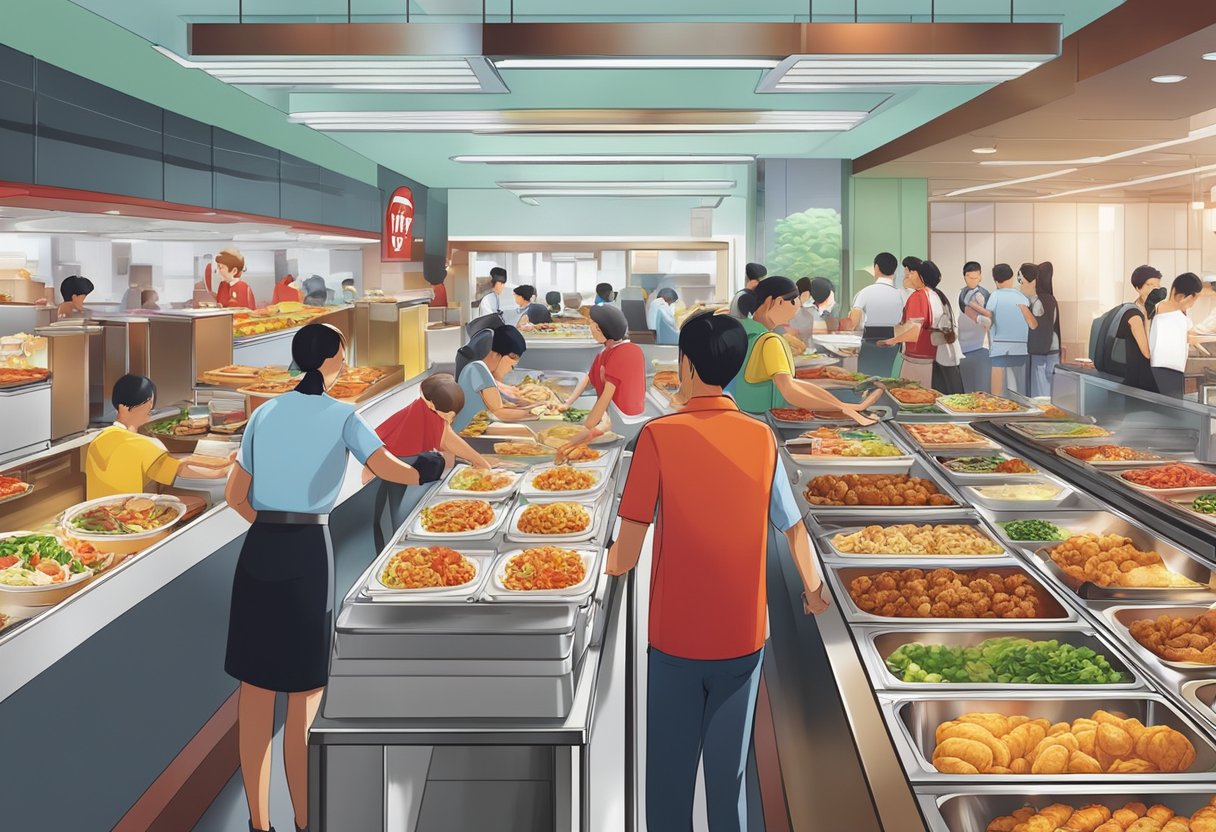 Customers selecting from a variety of freshly prepared dishes at the KFC buffet in Singapore, with colorful food displays and a welcoming atmosphere