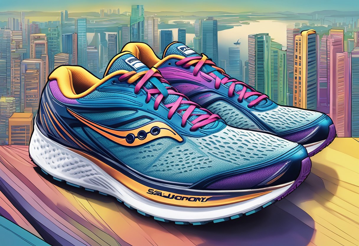A pair of Saucony running shoes sits atop a vibrant city skyline, with the iconic Singapore skyline in the background