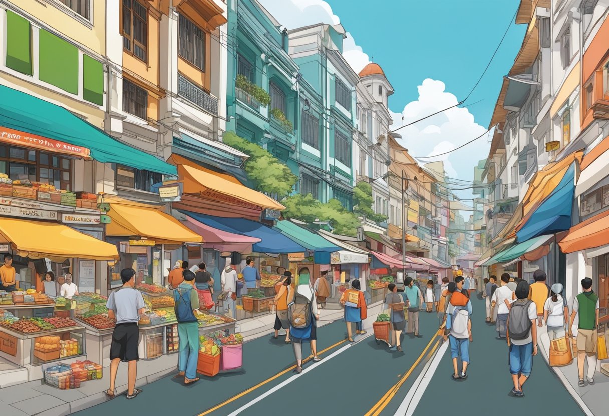 Busy Kreta Ayer Road in modern-day Singapore, with bustling street vendors, colorful shopfronts, and a mix of traditional and contemporary architecture