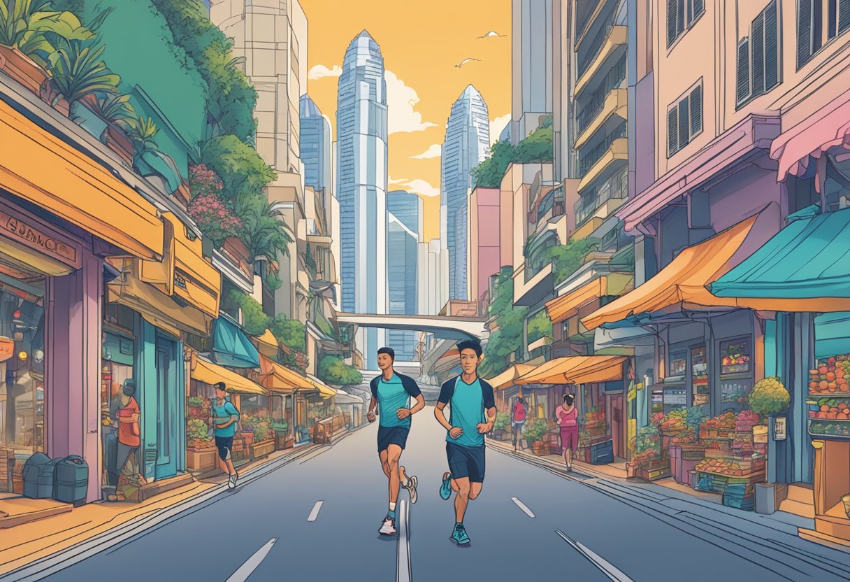 A runner navigates through the vibrant streets of Singapore, passing by iconic landmarks and bustling markets, with the distinct Saucony logo visible on their gear