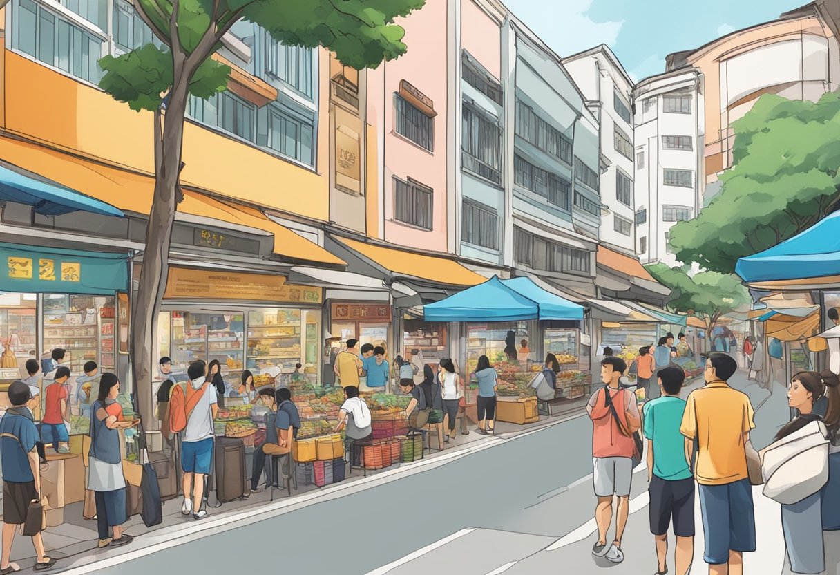 A bustling street in Kreta Ayer Road, Singapore, with people asking questions at various shops and vendors