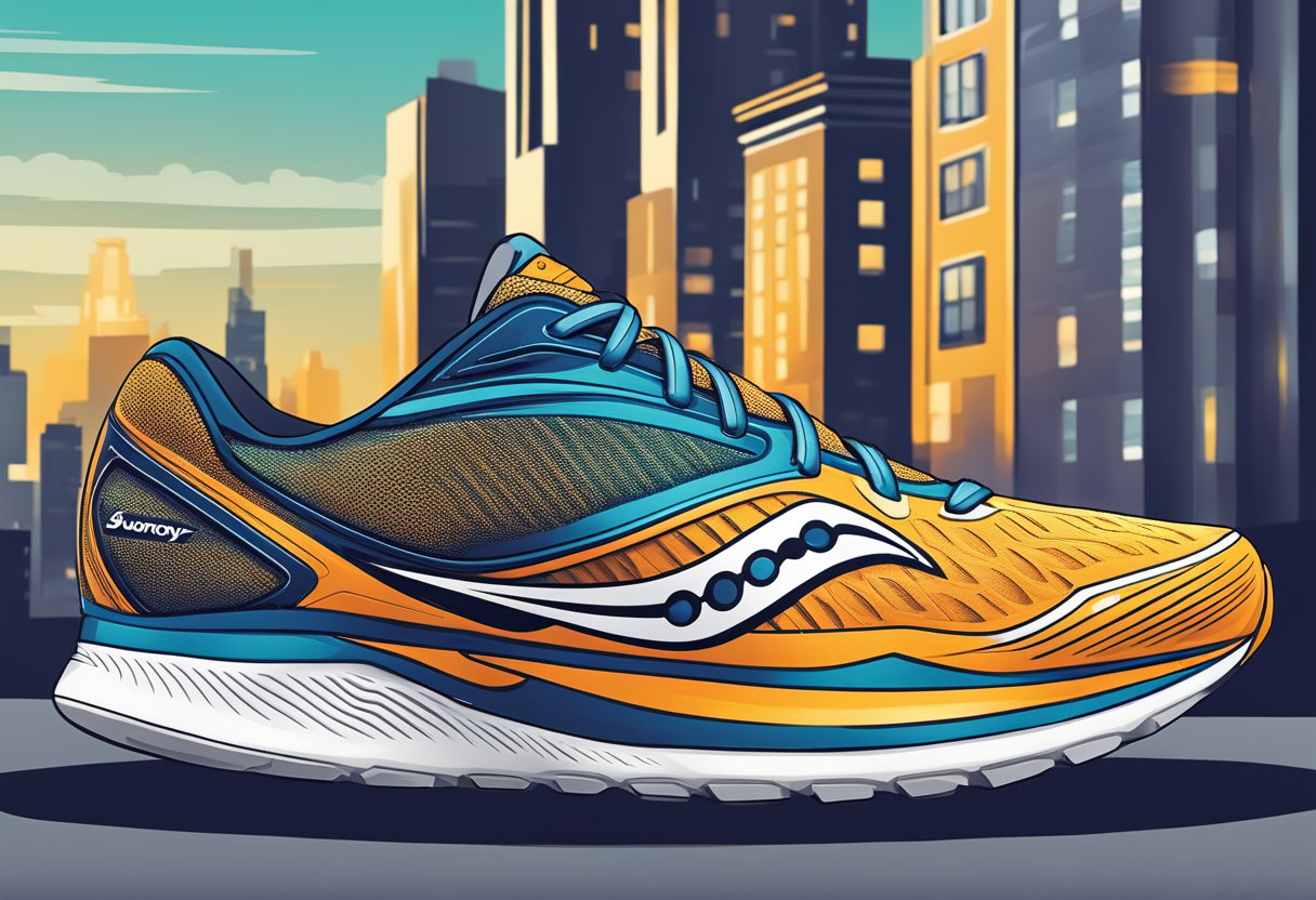 A sleek Saucony running shoe with innovative features, like a responsive cushioning system and breathable mesh upper, stands against a dynamic city backdrop