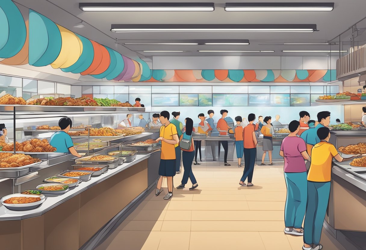 A bustling KFC buffet in Singapore with a colorful array of dishes and customers lining up eagerly