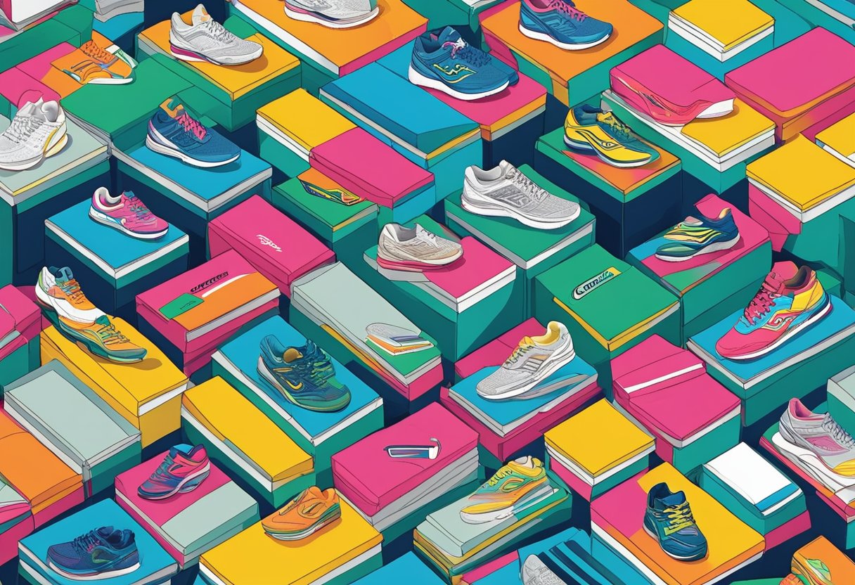 A stack of colorful shoe boxes with the Saucony logo, surrounded by a variety of running shoes and a sign that reads "Frequently Asked Questions."